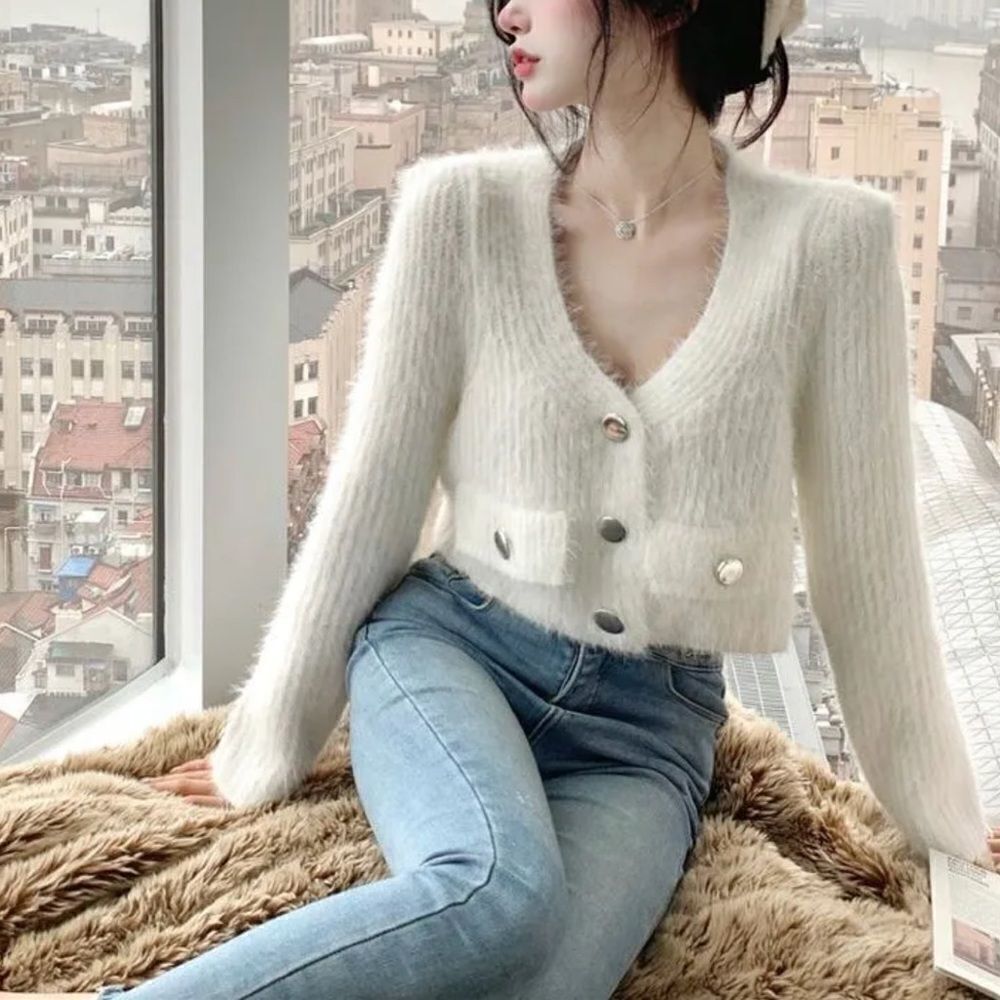 Air Space Lady Fuzzy Button Front Cropped Cardigan Sweater Cream Size M